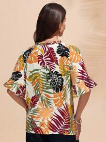 SHEIN Unity Women's Elegant Floral Print Drawstring Tie Waist Shirt, Suitable For Summer - Multicolor - View 2