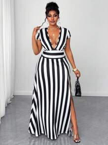 Maweii Plus Size Summer Fashion Color Block Striped High Slit Dress - Multicolor - View 5