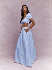 MISSGUIDED Milkmaid Puff Sleeve Ruffle Crop Top High Waist Maxi Skirt Summer Beach Vacation Resort Wear - Baby Blue - View 6