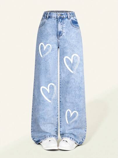 SHEIN Tween Girls Y2K Style Retro Light Wash Denim Pants, Cute Heart Print Casual Loose Fit Wide Leg Jeans, Girl's Fashion Classic Loose Trousers, School, Campus, College