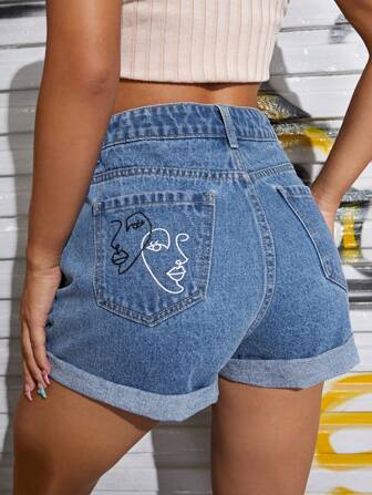 Sommer Outfits Figur grafische Manschetten-Saum Denim Shorts
