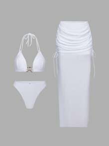 Swim Oasis 3 件套女士纯色金属点缀细肩带露背泳衣和裙子套装，夏季高端海滩度假装 - 白色 - 查看 2