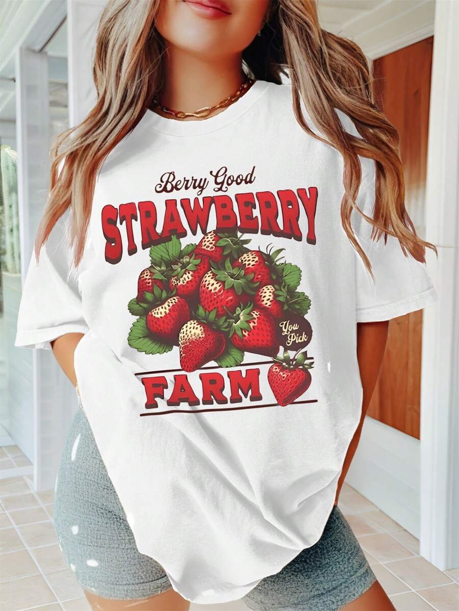 SHEIN LUNE Strawberry & Plants Graphic Printed Plus Size Women Loose Round Neck Short Sleeve T-Shirt - White - View 1