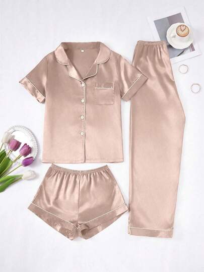 LuxeNights 3 PiecesWomen's Contrast Trim Solid Color Faux Silk Collar Pajama Set