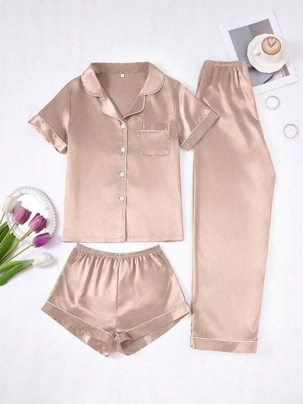 Conjunto de pijama de 3 piezas para mujer con cuello de seda falsa de unicolor y ribete contrastante