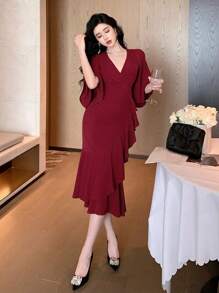 DAZY Elegantes einfarbiges Kleid mit V-Ausschnitt, Rüschensaum und Glockenärmeln für Damen, Sommer rotes Damenkleid Abendkleid - Bordeaux - Übersicht 7