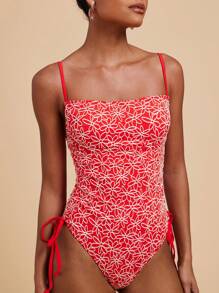 Travachic بدلة سباحة نسائية حريرية ذات أربطة رفيعة وطية كاملة الطباعة على السطح الكامل