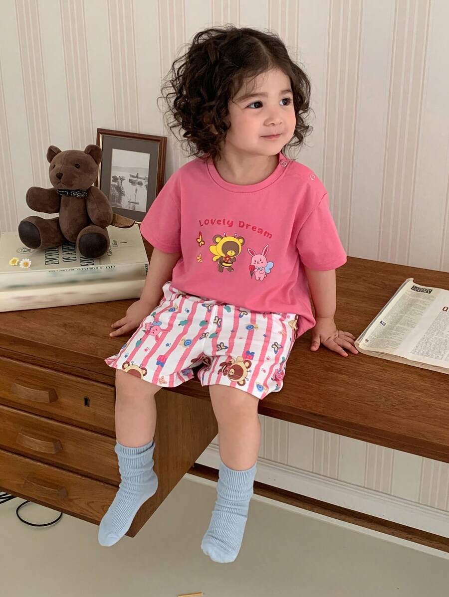 Hapijoa Toddler Girl Casual Round Neck Cartoon Print T-Shirt And Plaid Shorts Set, Home Outfit