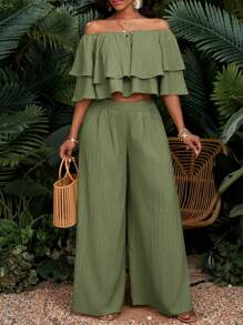 SHEIN Lady Bộ 2 áo trễ vai và quần dài cho nữ, màu trơn, thời trang, thích hợp cho mùa hè - Màu xanh Bạc hà - Xem 3