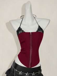 SHEIN ICON Fitted Lace 2 In 1 Halter Neck Women Tank Top Goth Goth - Burgundy - View 6