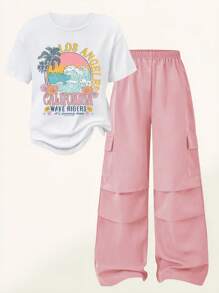 SHEIN Explorewe 2 件套青少年女孩休闲时尚校园街头风格图形图案简约落肩短袖连体裤套装 - 彩色 - 查看 1