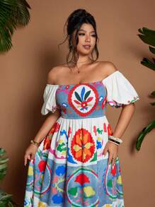 Flirla Plus Size Women's Spring/Summer Square Neck Short Puff Sleeve Geometric Print Colorful LGBT Ruffle A-Line Casual Dress, Elegant Holiday Vacation - Multicolor - View 8