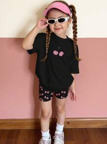 SHEIN Happikins Young Girl Casual Simple Short Sleeve Shorts 2 Pieces Set, Suitable For Summer