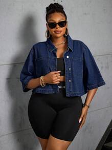 SHEIN SXY Áo khoác denim nữ cỡ lớn, ngắn và bó sát - Rửa tối - Xem 4