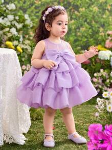 Baby Girl Woven Solid Color 3D Bow Decor Sleeveless Dress - Purple - View 1