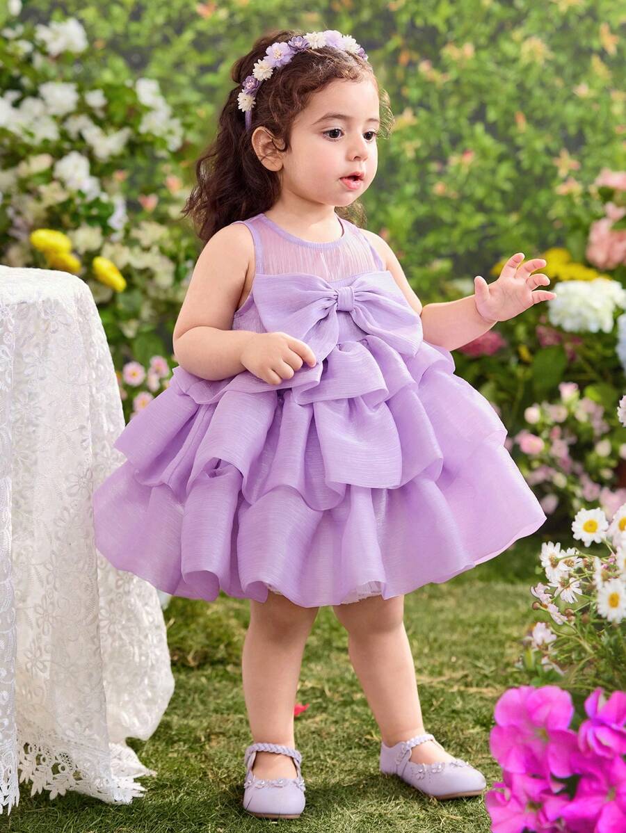 Baby Girl Woven Solid Color 3D Bow Decor Sleeveless Dress - Purple - View 1
