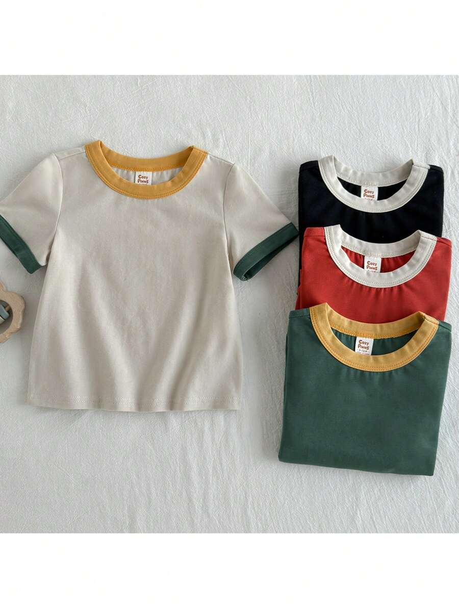 Loomiva 4pcs Baby Boy Color Block Knit Soft Crew Neck Short Sleeve Pullover Top Set - Multicolor - View 1