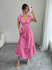 Rafferiza Váy suông không tay buộc eo cổ chữ V thanh lịch màu xanh, phong cách nghỉ dưỡng, cho mùa xuân và mùa hè - Màu Hồng Tươi - Xem 4