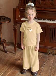 DAZY Conjunto de 2 piezas: Camiseta de cuello redondo de manga corta y pantalón largo para niña, de moda para el verano