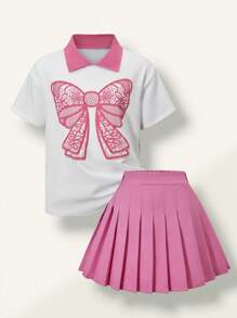 SHEIN 2pcs/Set Tween Girls Bow Pattern Short Sleeve Polo Shirt & White Pleated Mini Skirt, Summer New Arrival - White - View 2