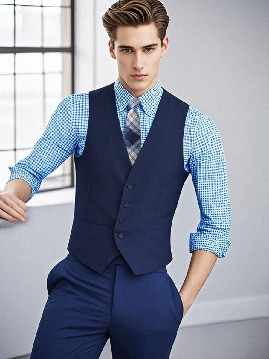 3pcs Teen Boy Gentleman Style Outfit, Fashionable For Summer - Navy Blue - View 1