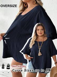 SHEIN CURVE+ Women Plus Size Khaki Blouse, Ruffled Short Sleeve Loose Hem Casual Holiday Beach Outfits For Woman/Beach /Beach Vacation Outfits/Beach Essentials / Graduation/Tea Party  Summer/Country/Beach Vacation Outfits/Beach Outfits/Beach Wear - Navy Blue - View 8