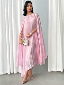 Modelyn Women's Elegant Flowy Asymmetrical Pleated Ruffle Hem Long Dress For Summer - Pink - View 2