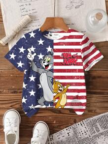 TOM & JERRY X SHEIN Young Boy Striped & Cartoon Pattern Round Neck Short Sleeve T-Shirt