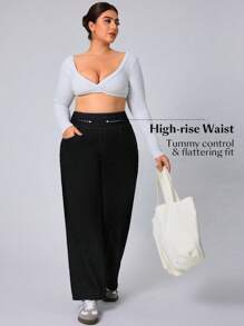 Flexra Quần Jeans Co Giãn Lưng Cao Trơn Đơn Giản Thường Ngày Cho Nữ Cỡ Lớn - màu đen - Xem 4