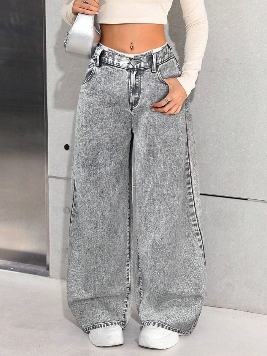 SHEIN Jeans azul marino de pierna ancha y suelta para adolescentes - Gris Claro - Ver 1