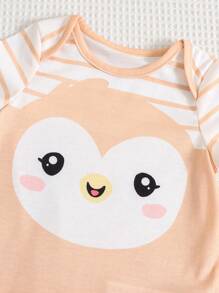 SHEIN Newborn Baby Boy/Girl Penguin Pattern Knitted Soft Crew Neck Short Sleeve Romper - Khaki - View 6