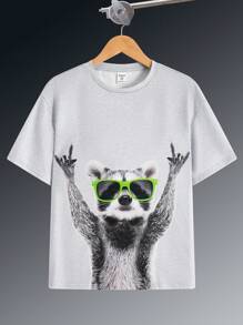 Tween Boy Cute Cartoon Animal Print Round Neck Knit T-Shirt - Light Grey - View 1