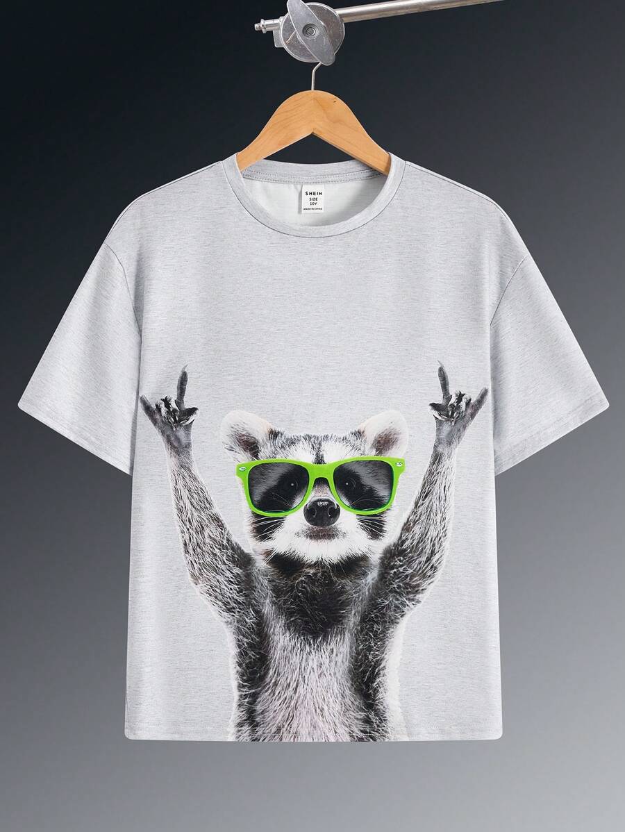 Tween Boy Cute Cartoon Animal Print Round Neck Knit T-Shirt - Light Grey - View 1