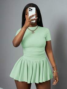 Slaydiva New Spring And Summer Casual Basic Style, Sports Style, Simple Round Neck, Short Sleeves, Pleated Short T-Shirt On Both Sides + A Swing Umbrella Skirt, Short On Both Sides, Front And Back, Medium Length, Light Gray Pit Strip Knitted Fabric Women's Two Pieces Set Mint Green Outfit Women Green 2 Pieces Set Short Skirt Set Tennis Skirt Set Two Pieces Skirt Set