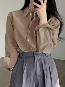 DAZY 女士朴素简约日常长袖衬衫、长袖上衣 - 卡其色 - 查看 4