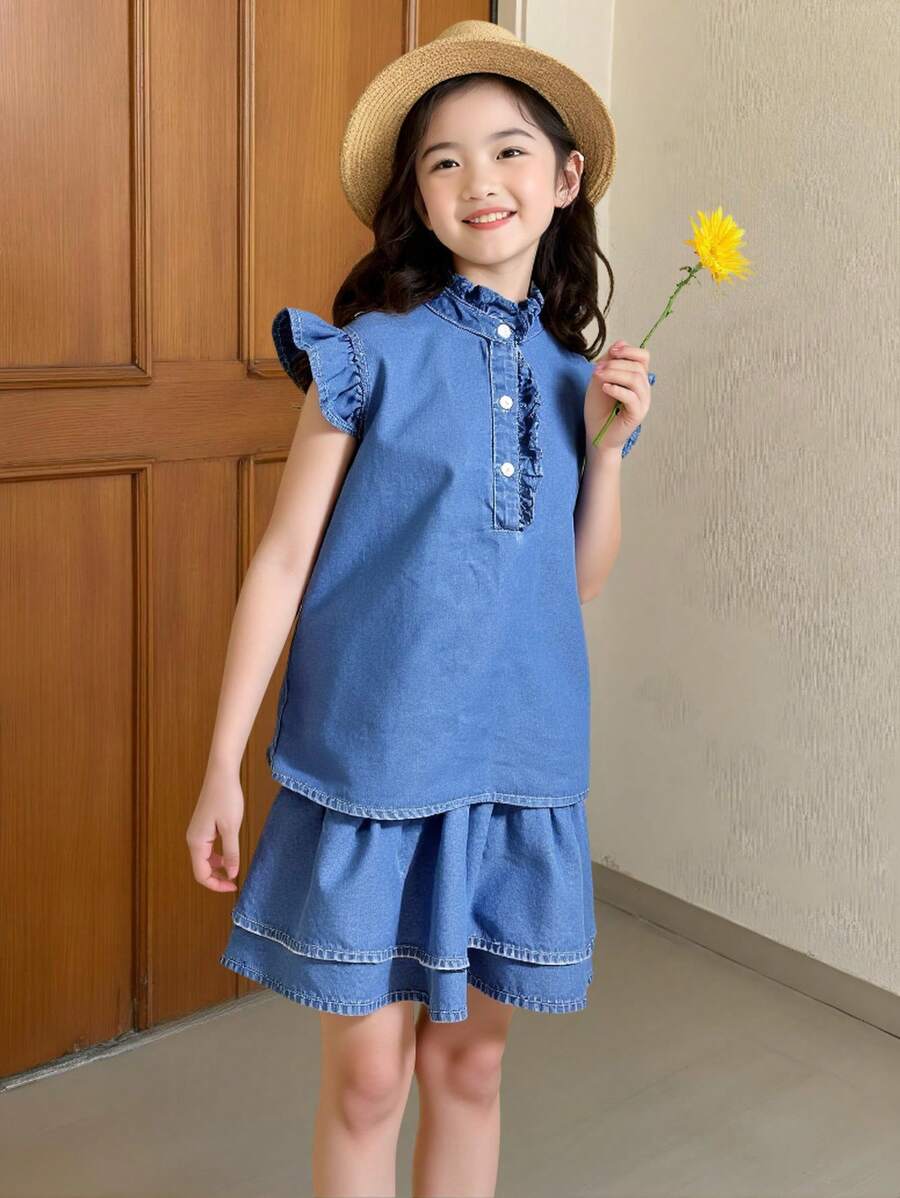 SHEIN Tween Girls Denim Two Pieces Outfits - Medium Wash - View 1