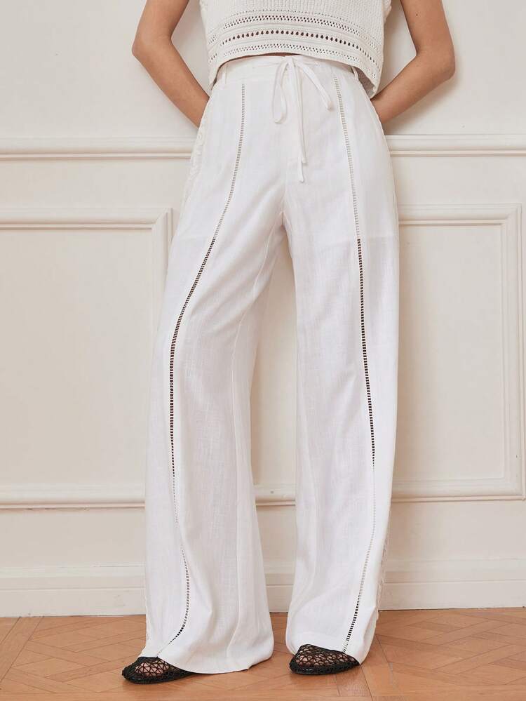 Linen Leisure Vacation Style Hollow Out Lace Up Drawstring Waist Women's Wide Leg Pants Business Casual Woman Work Clothes