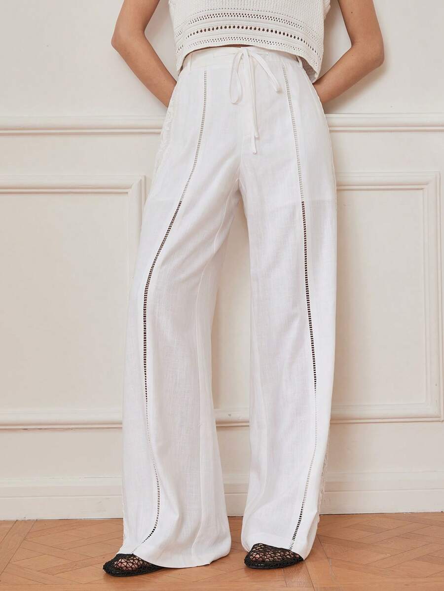 Dazy-Less Linen Leisure Vacation Style Hollow Out Lace Up Drawstring Waist Women's Wide Leg Pants Business Casual Woman Work Clothes - White - View 1