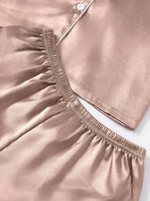 LuxeNights 3 PiecesWomen's Contrast Trim Solid Color Faux Silk Collar Pajama Set - Khaki - View 5