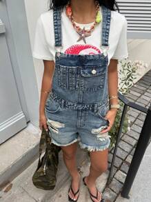 Muchica Shorts de mujer con tirantes de mezclilla, moda para el verano - Azul - Ver 4