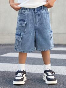 SHEIN Celana Pendek Kargo Denim Longgar Gaya Anak Laki-Laki dengan Banyak Kantong, Streetwear untuk Anak-Anak - Light Wash - View 4