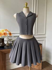 Comfortcana Set di 2 pezzi da donna oversize per l'estate, top senza maniche con bottoni frontali e gonna plissettata in tinta unita