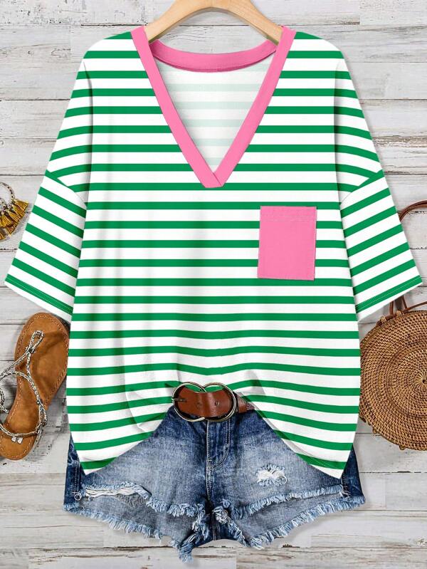 EMERY ROSE Plus Size Casual Minimalist Kontrastowy Kolor Paski T-shirt, Odpowiedni Na Lato