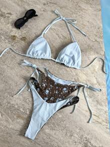 SHEIN Swim Women's Light Blue Floral,Summer,Casual,Vacation,Holiday Triangle Bikini French Ditsy Floral Plaid Print Frill Trim Bandeau 2 Pieces Swimwear - Multicolor - View 3