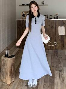 DAZY 女式夏季休闲撞色马球领纯色中长连衣裙 - 灰色 - 查看 5