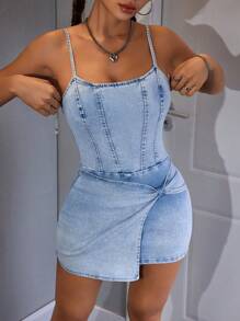 SHEIN ICON 女式无袖牛仔连衣裙，可调节肩带，收腰休闲风格，适合夏季 - 藍色 - 查看 4