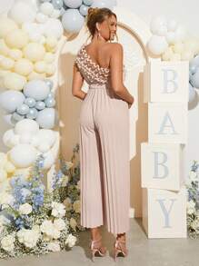 Loomaby Maternity Asymmetric Shoulder Ruffle Waist Pleated Jumpsuit,Gender Reveal Dress,Baby Shower Dress,Maternity Dress - Khaki - View 2