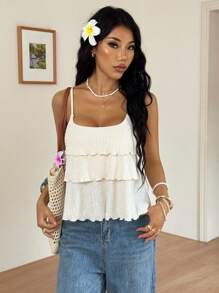 SHEIN EZwear Women's Summer Vacation Multi-Layered Ruffle Camisole - Beige - View 5