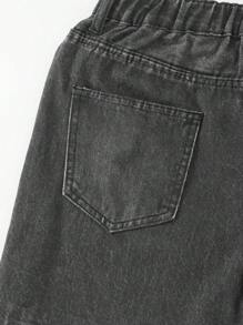 Tween Boy Lightweight Denim Shorts With Trash Punk Chain Print Pattern, Summer 2025 Collection, Suitable For Spring/Summer Festival, Beach, Casual Daily Wear - Black - View 7