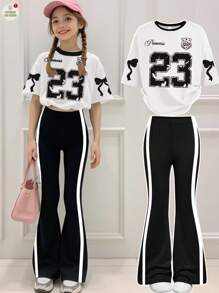 SHEIN Leap Crew Tween Girls' Casual Minimalist Short Sleeve Top And Pants 2pcs Set, Suitable For Summer - Multicolor - View 2